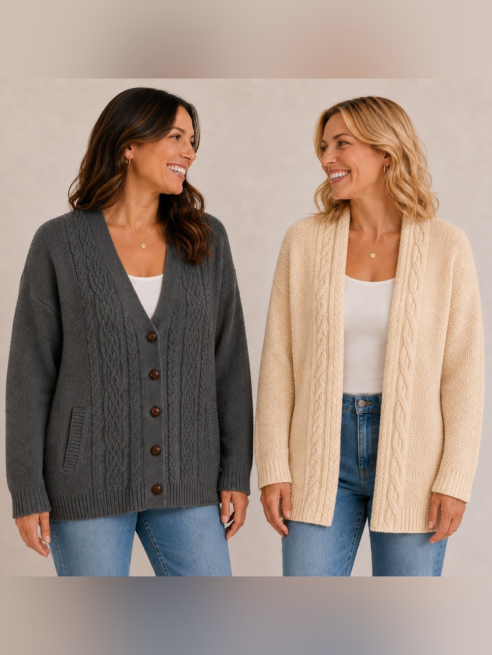 Bundle of 2 Women’s Cardigan Sweaters-Size Large-Cozy Neutral Layering Pieces